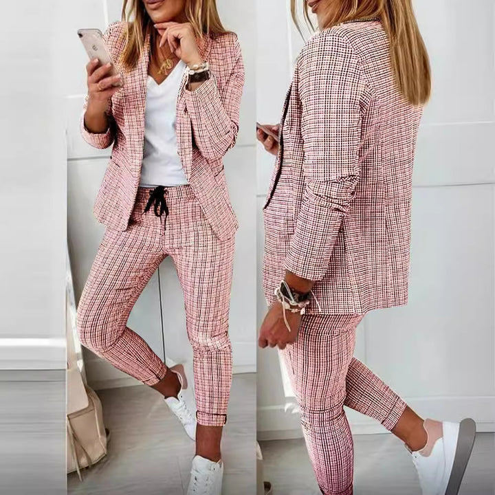 Ladies two-piece checked pattern business-casual blazer set with elastic waistband pants Mune Fashion
