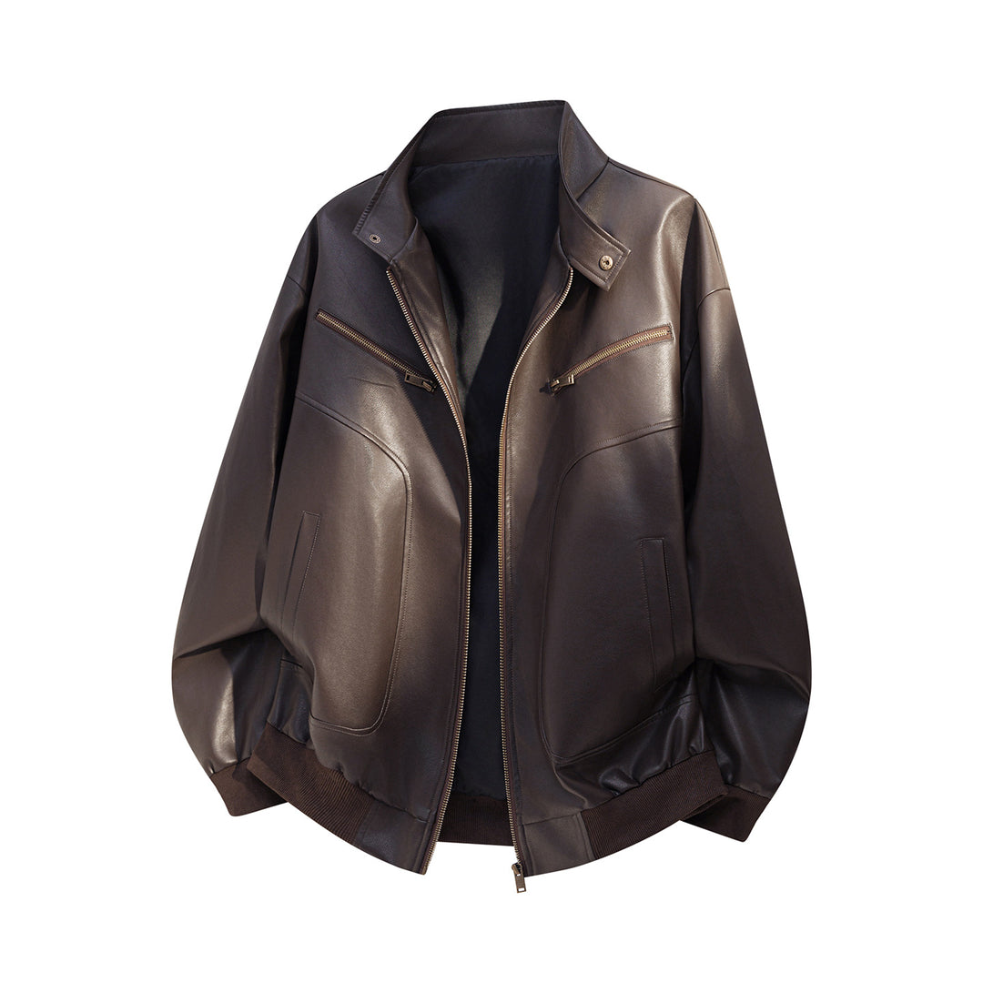 Men's Oversized Leather Bomber Jacket with Zipper and Ribbed Cuffs Mune Fashion