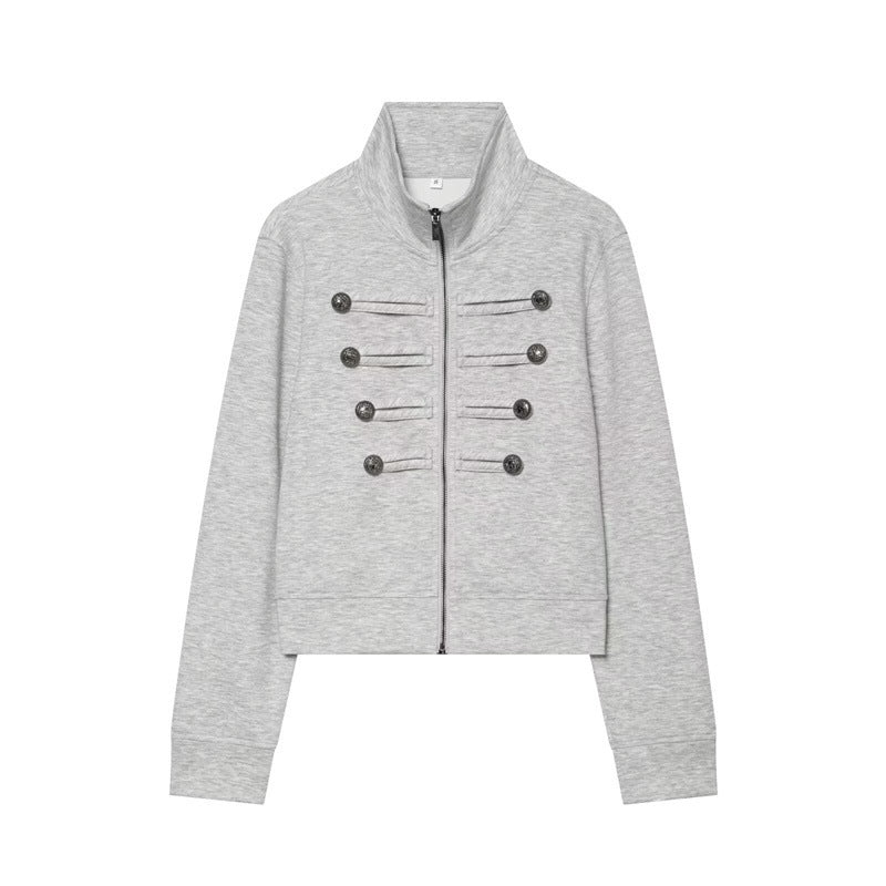 Women's Cropped Sweat Jacket in Military Look with Stand-up Collar and Decorative Button Placket Mune Fashion