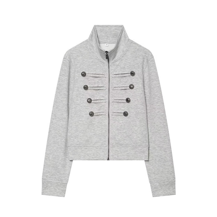 Women's Cropped Sweat Jacket in Military Look with Stand-up Collar and Decorative Button Placket Mune Fashion