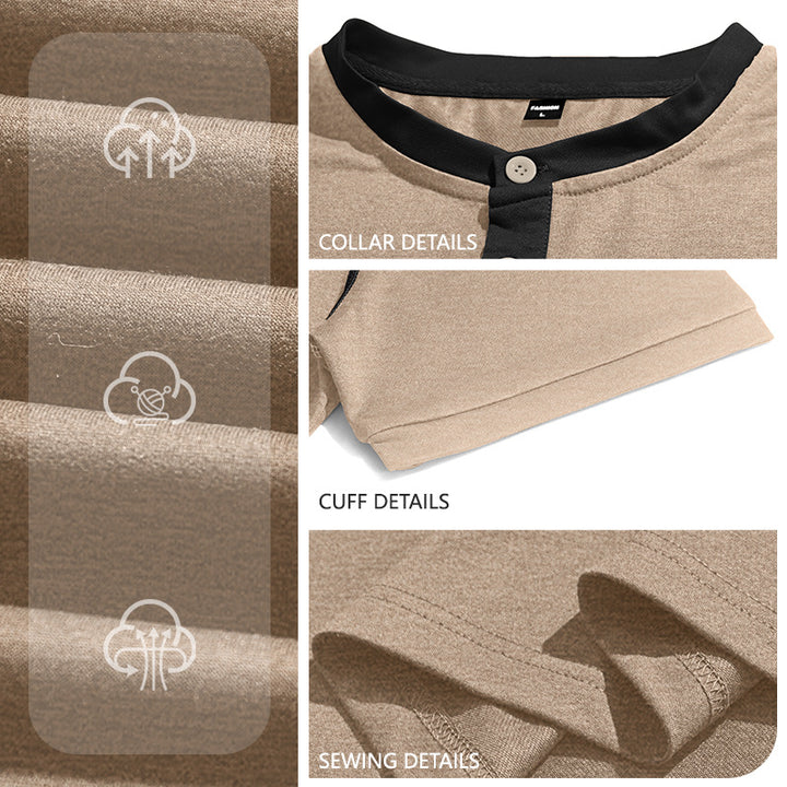 Men's short-sleeve band collar shirt with button placket, chest pocket, and flatlock seams Mune Fashion
