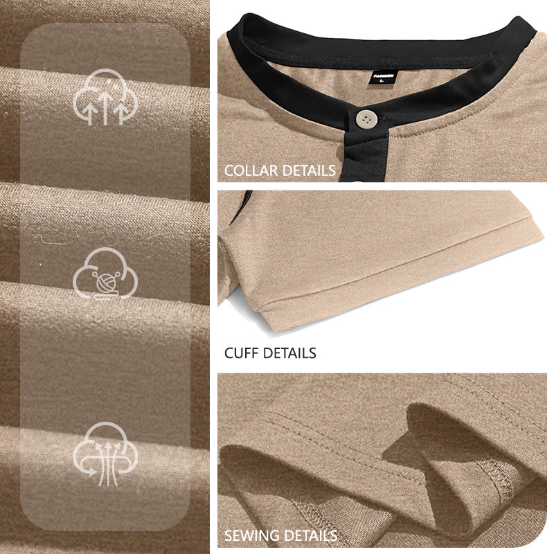 Men's short-sleeve band collar shirt with button placket, chest pocket, and flatlock seams Mune Fashion