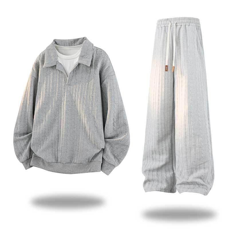 Men's Oversized Structured Lounge Set with Polo Collar, Cable Knit Look & Wide Leg Mune Fashion