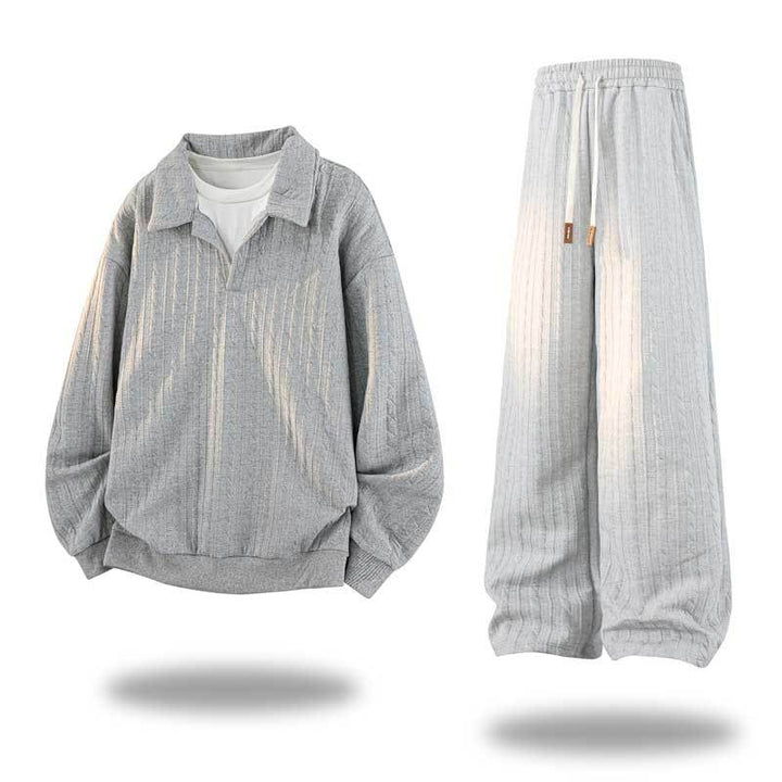 Men's Oversized Structured Lounge Set with Polo Collar, Cable Knit Look & Wide Leg Mune Fashion