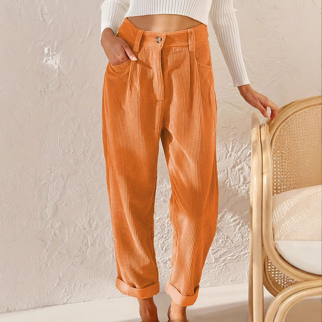 Women's Casual Corduroy Pants with High Waist, Loose Tapered Fit, and Cuffed Hem Mune Fashion