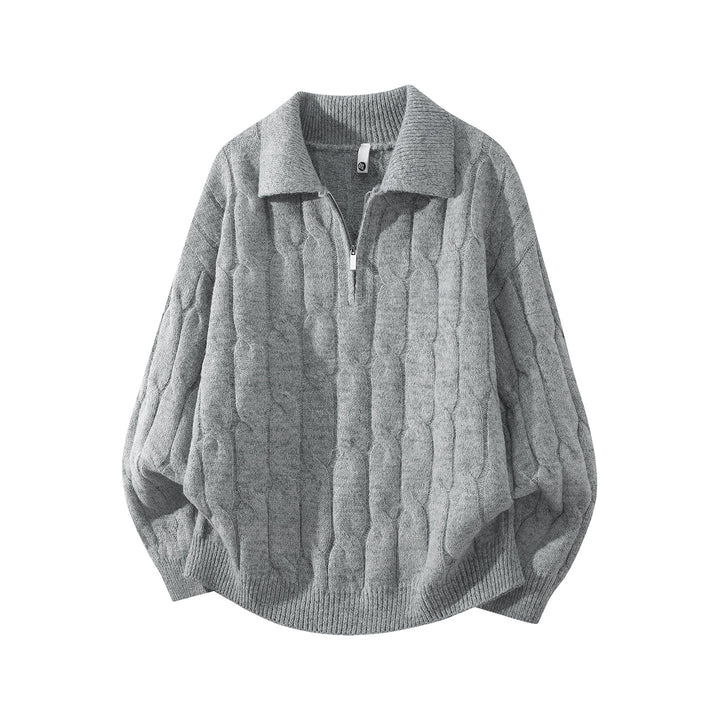 Unisex Oversize Braid Knit Sweater with Half Zip and Shirt Collar Mune Fashion