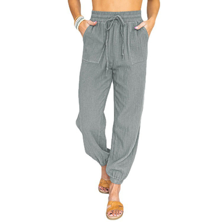 Women nan light linen look casual pants with high elastic waistband, drawstring, patched pockets and elastic ankle cuffs Mune Fashion