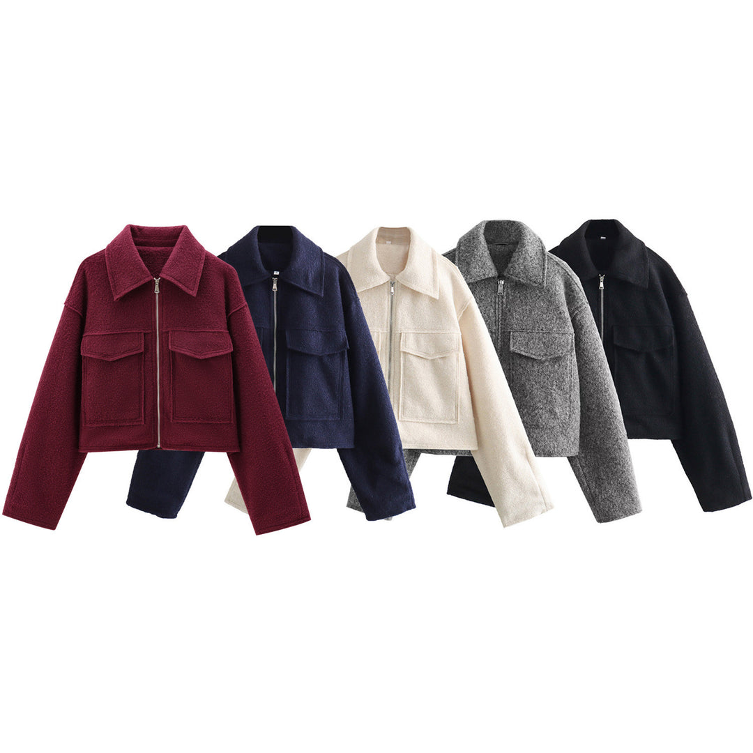 Women Short Boucle Jacket in Boxy Cut with Zip and Flap Pockets Mune Fashion