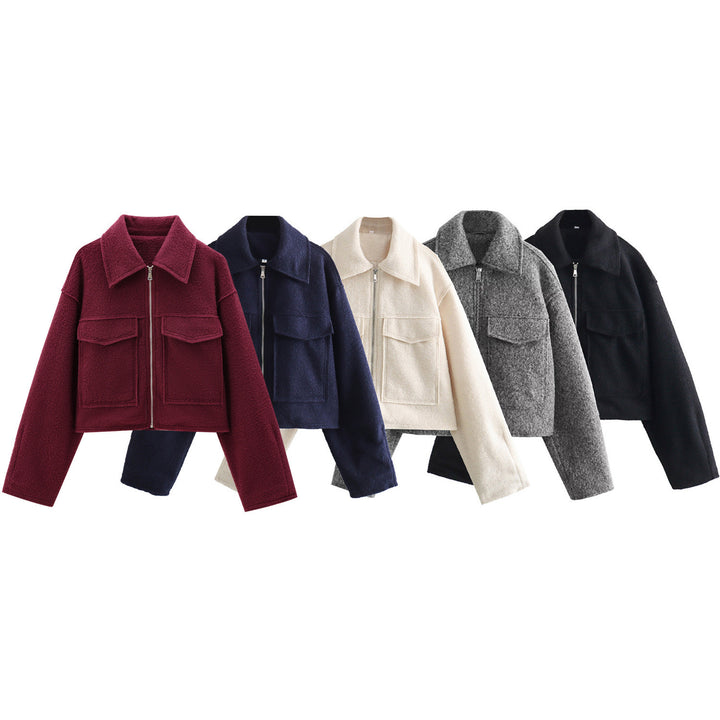 Women Short Boucle Jacket in Boxy Cut with Zip and Flap Pockets Mune Fashion