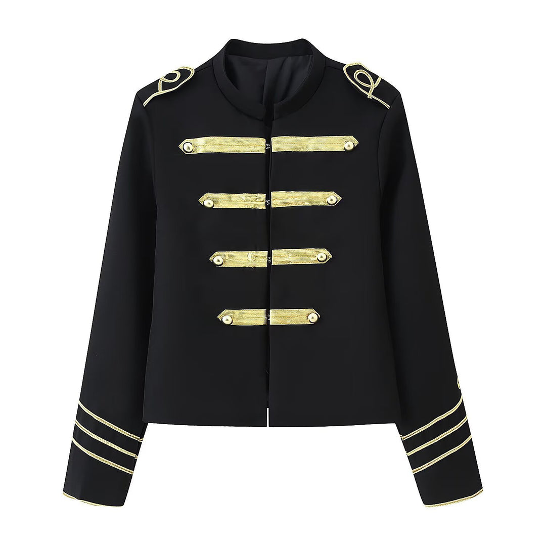 Ladies Cropped Military Jacket with Gold Embroidered Galloons and Stand-up Collar Mune Fashion