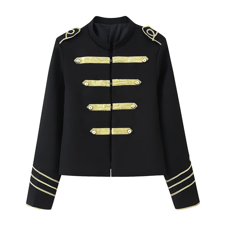 Ladies Cropped Military Jacket with Gold Embroidered Galloons and Stand-up Collar Mune Fashion