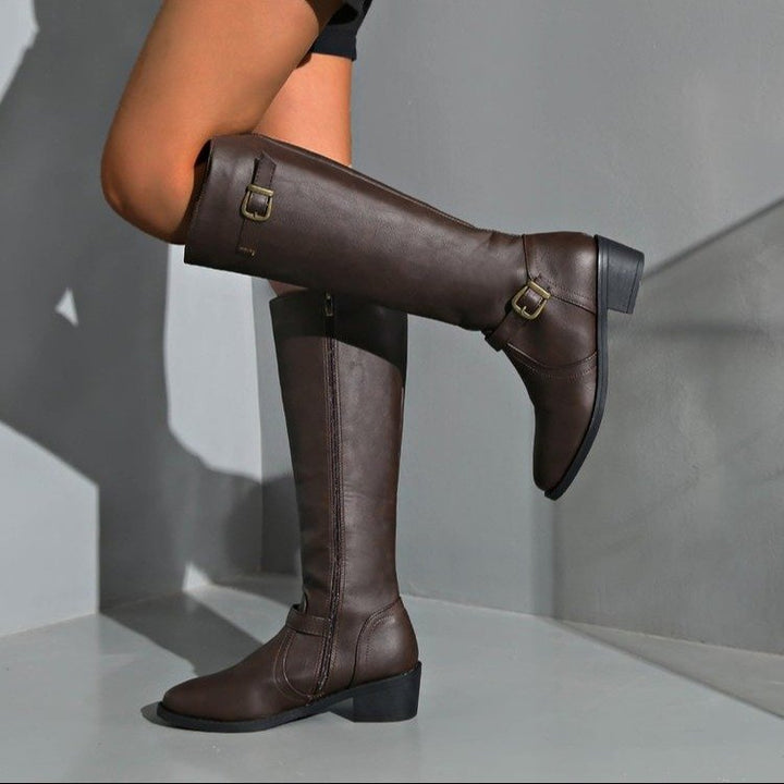 Women's knee-high riding boots with decorative buckles and ergonomic block heel Mune Fashion