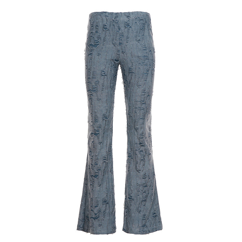 Women's flared high-waisted trousers with stretchy denim look and frayed destroyed structure Mune Fashion