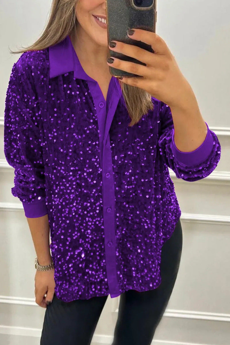 Women's shimmering sequin shirt blouse with collar, button placket, and elastic cuffs Mune Fashion