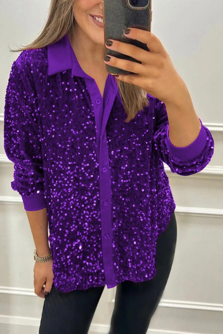Women's shimmering sequin shirt blouse with collar, button placket, and elastic cuffs Mune Fashion