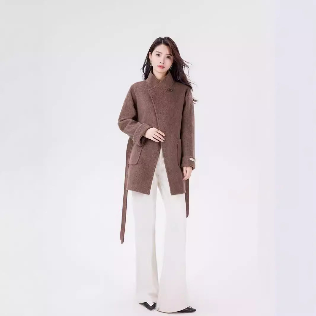Women's Short Wrap Wool Coat with High Button Placket and Patch Pockets Mune Fashion