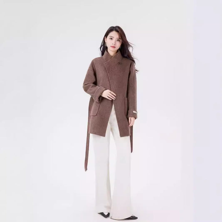 Women's Short Wrap Wool Coat with High Button Placket and Patch Pockets Mune Fashion
