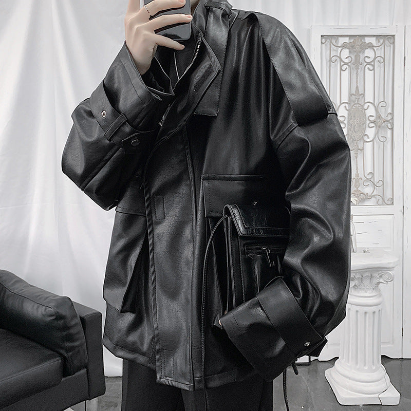Men's Loose-Fit Faux Leather Jacket with Hood, Utility Pockets and Adjustable Cuffs Mune Fashion