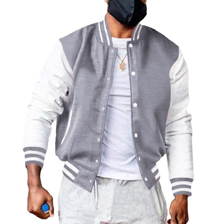 Men's nano varsity college jacket in retro bomber style with contrast sleeves, striped ribbed cuffs and snap button placket Mune Fashion