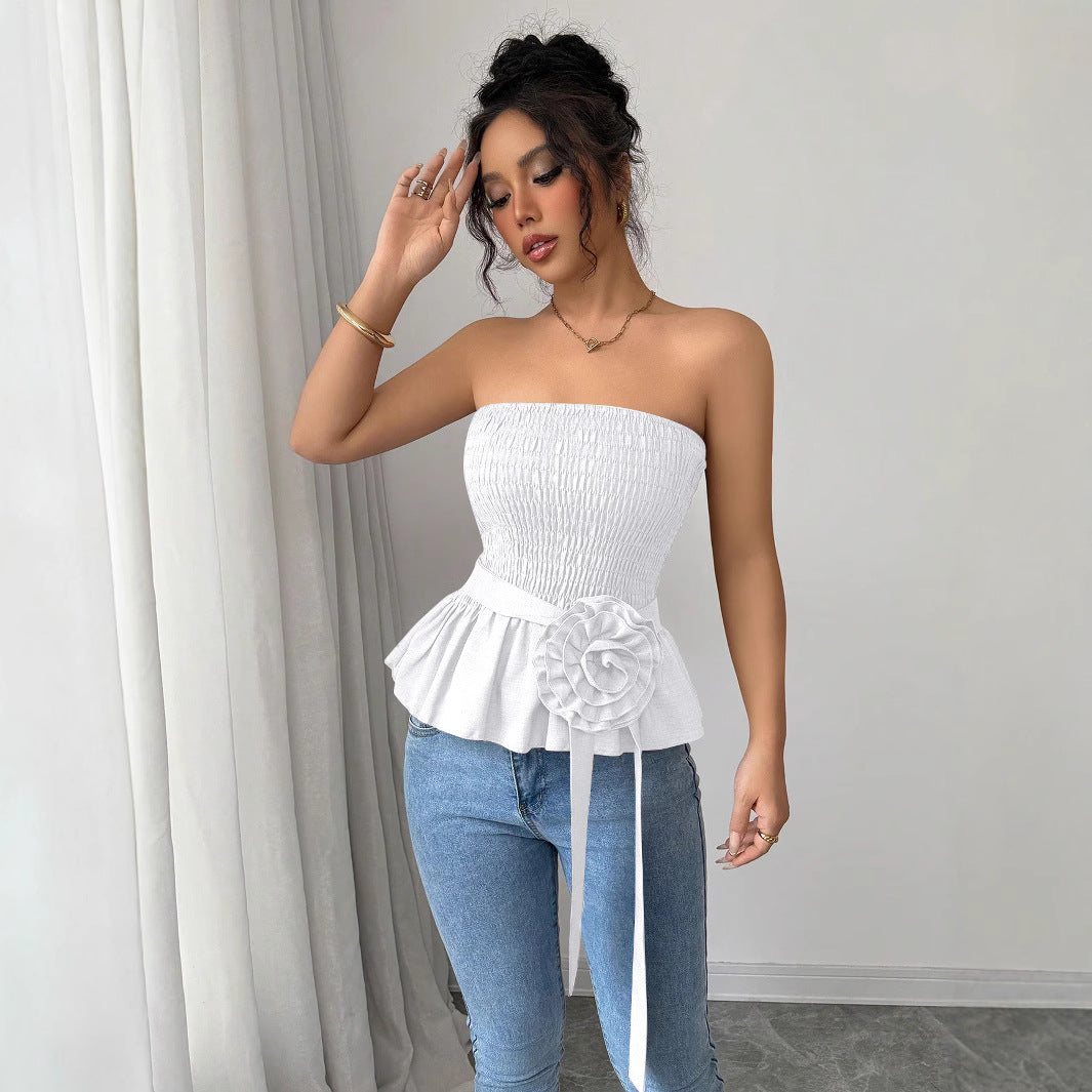 Women's fitted strapless Smok top with ruffle peplum and decorative fabric flower Mune Fashion