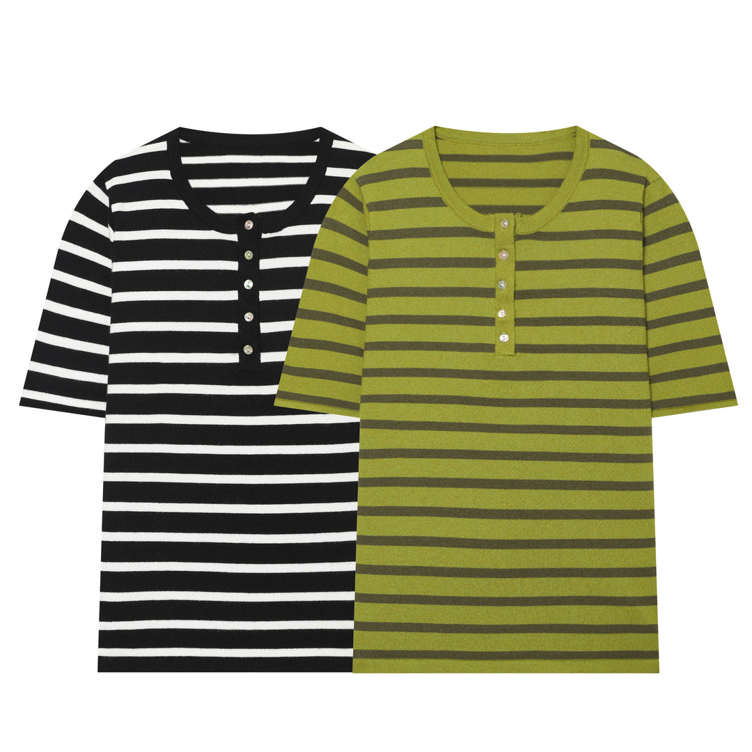 Women's fine knit Henley with button placket and short sleeves Mune Fashion