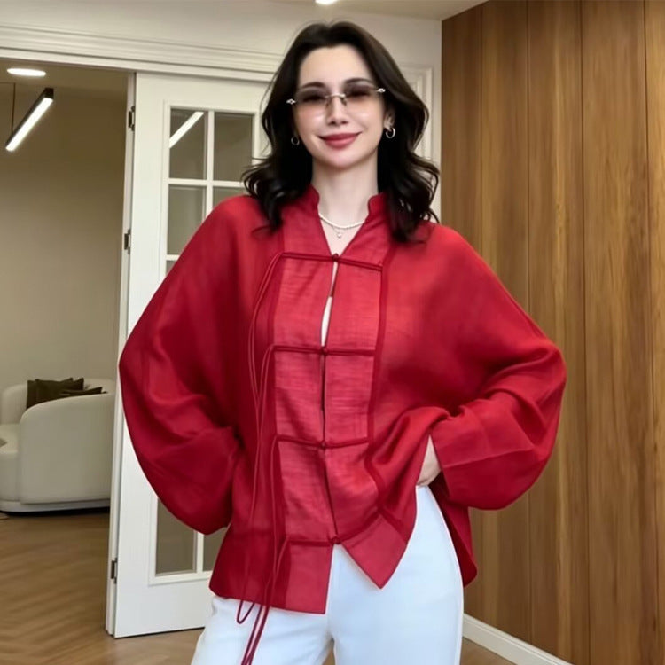 Women's Linen Kimono Jacket with Wide Sleeves, Decorative Knot Grid & Adjustable Belt Mune Fashion