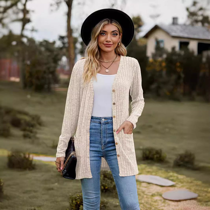 Women Long Cut Ribbed Knit Cardigan with Button Placket and Pocket Mune Fashion