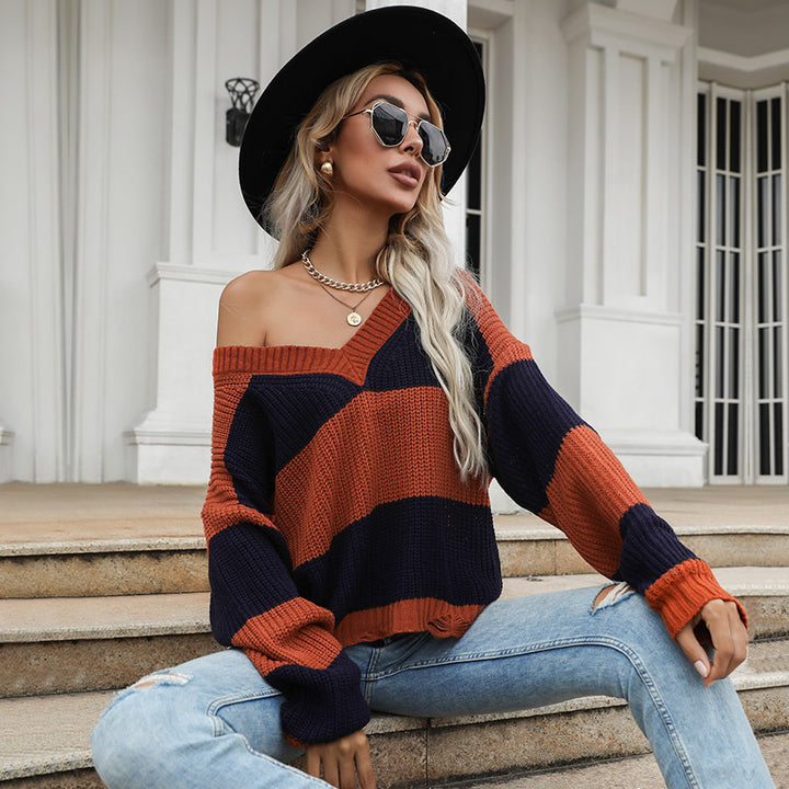 Women's Oversize Chunky Knit Sweater with Off-Shoulder Fall, Wide Block Stripes and Ribbed Hem Mune Fashion