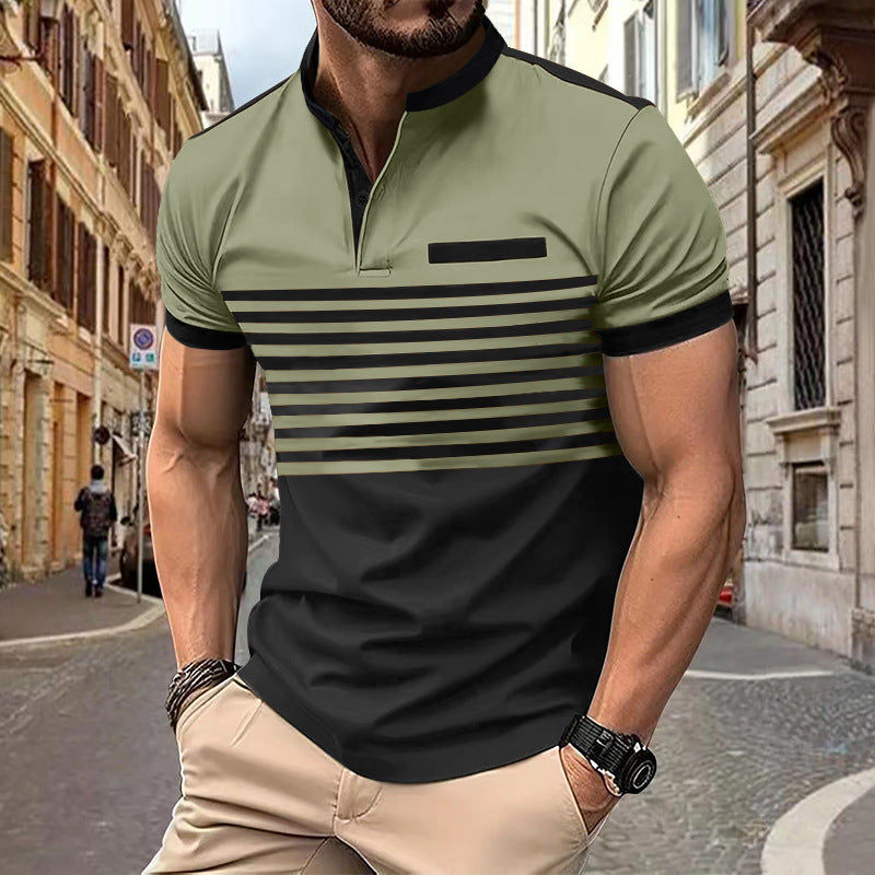 Men's short-sleeved Henley top with short button placket, chest piping, and block stripes Mune Fashion