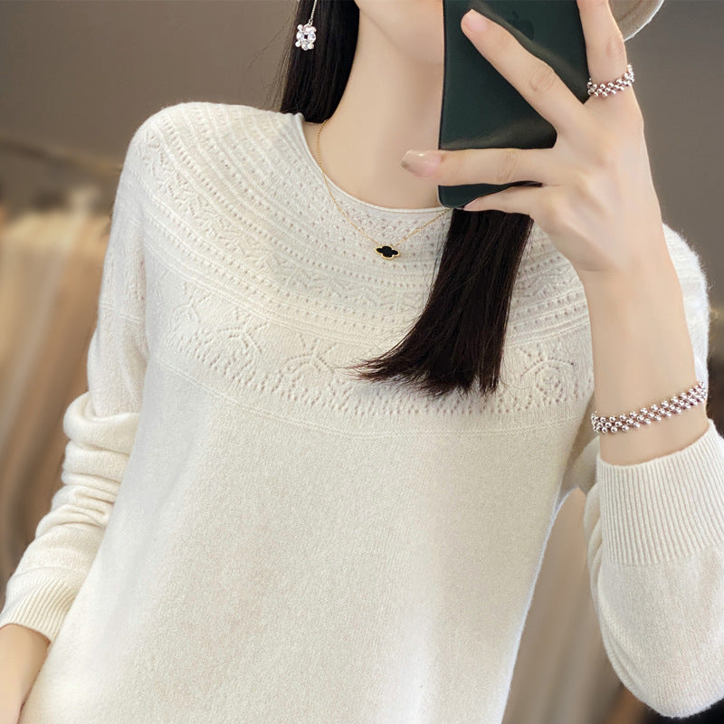Women's Round Neck Fine Knit Sweater with Structured Yoke and Cashmere Look Mune Fashion