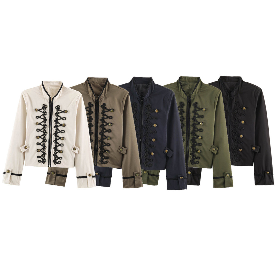 Women's Cropped Short Blazer in Cavalry Style with Decorative Cord Straps and Brass Buttons Drune