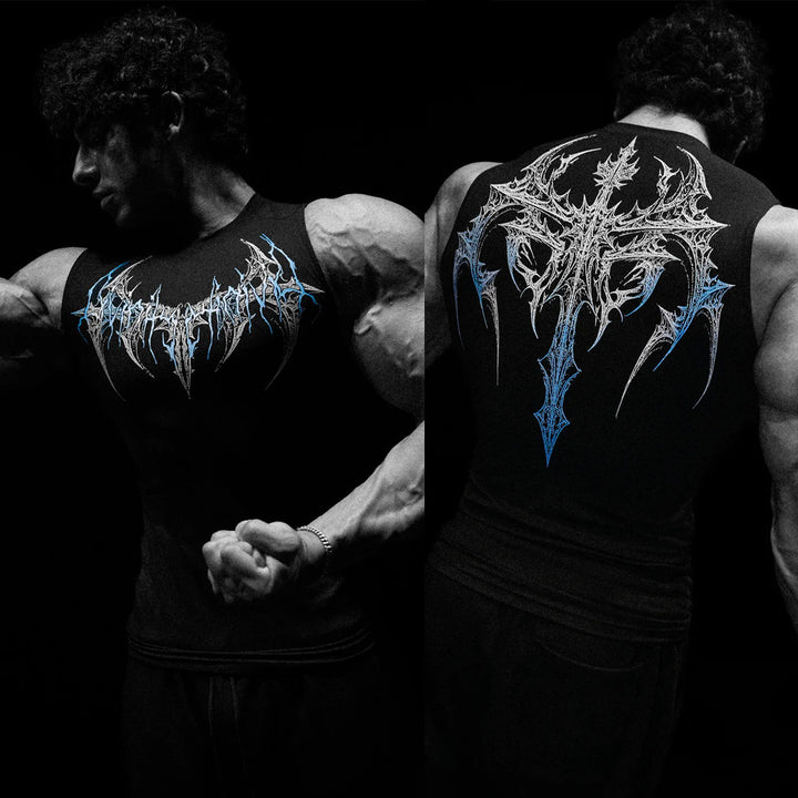 Men's form-fitting training tank top with deep armholes and intricate back print Mune Fashion
