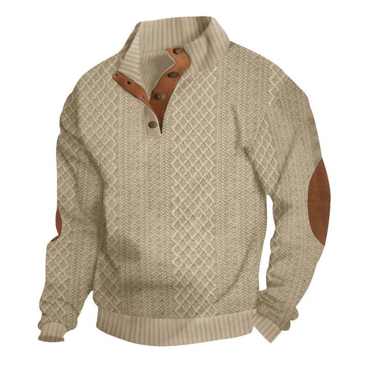 Men's Structured Cable Knit Henley Sweater with Leather Patch on Elbows & Placket Mune Fashion