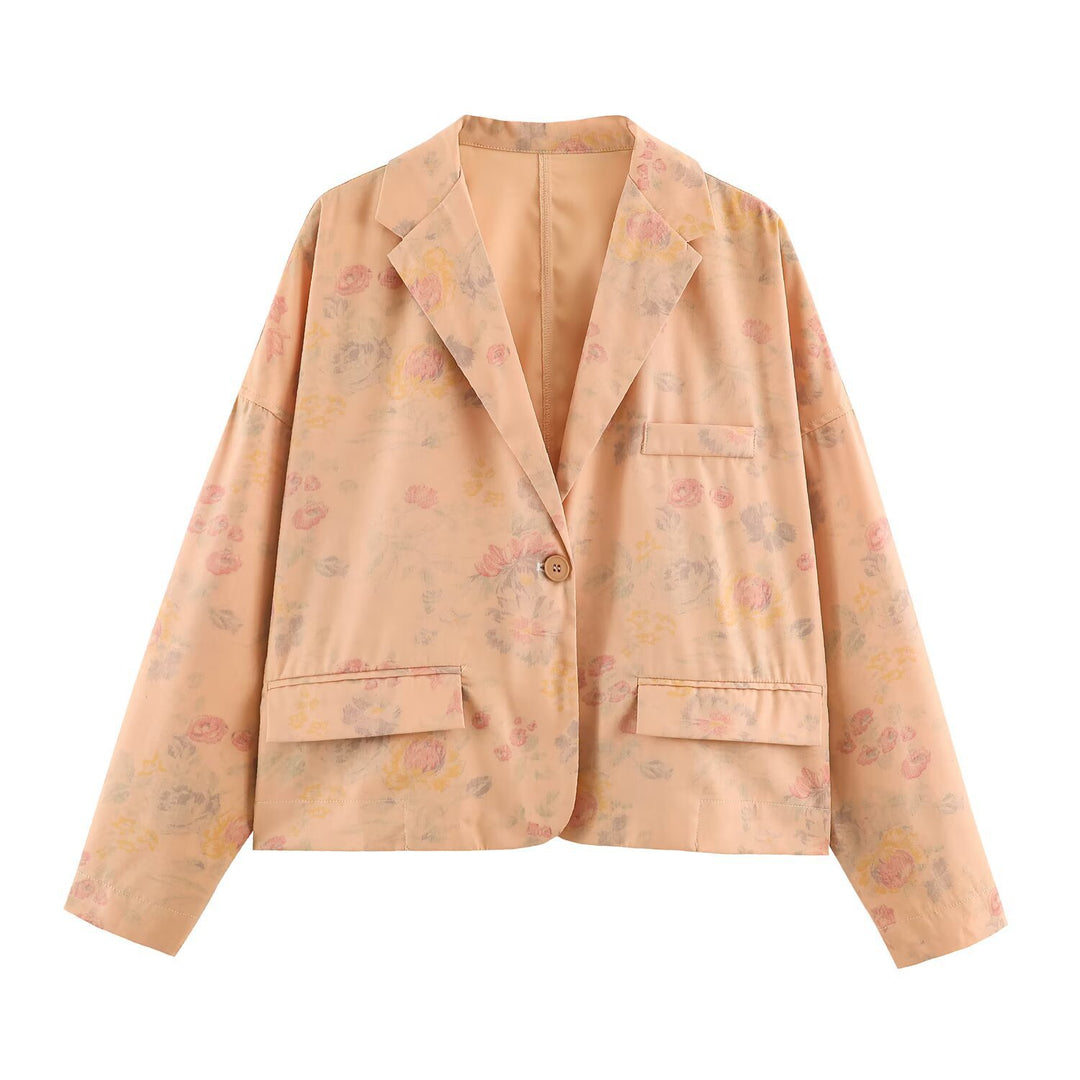 Women Boxy Blazer Jacket with Floral Silk Look, One Button Closure and Flap Pockets Mune Fashion