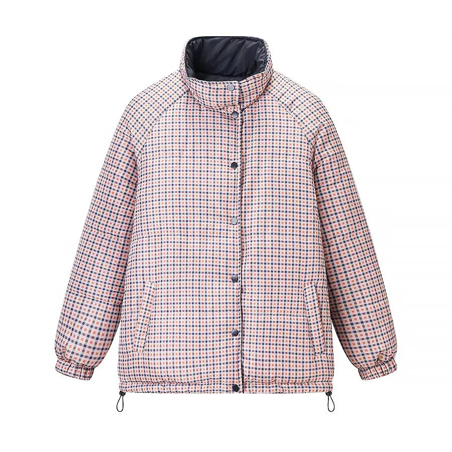 Women's oversized padded jacket with checkered lining, stand-up collar and drawstring hem Mune Fashion