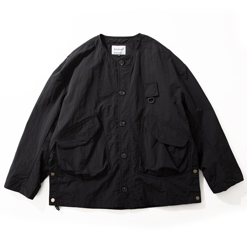 Men's Collarless Utility Field Jacket with Patch Pockets and Drawstring Mune Fashion
