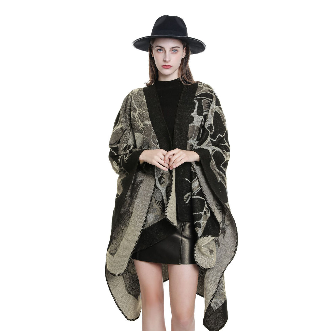 Women's Wool Blend Jacquard Cape with Open Kimono Silhouette