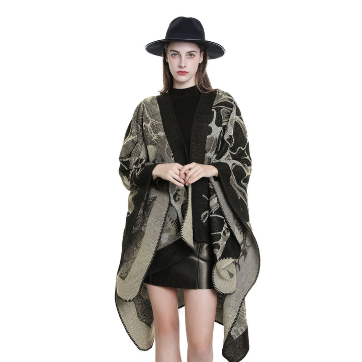 Women's Wool Blend Jacquard Cape with Open Kimono Silhouette