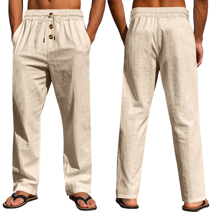 Men's casual linen relax pants with elastic tunnel drawstring waistband, cord drawstring and decorative button placket Mune Fashion