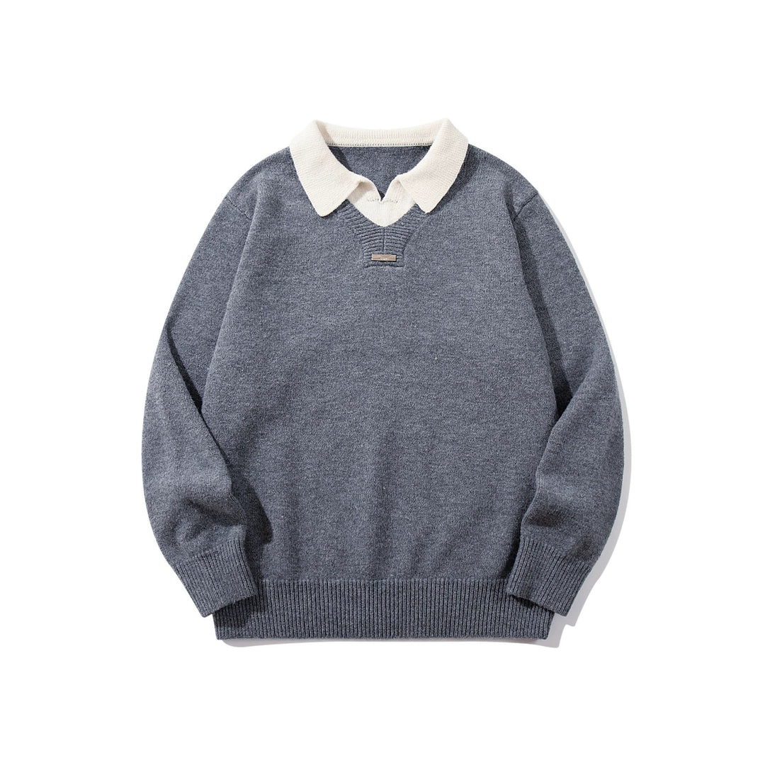 Men's Boxy Knit Sweater with Polo Collar and V-Inset Mune Fashion