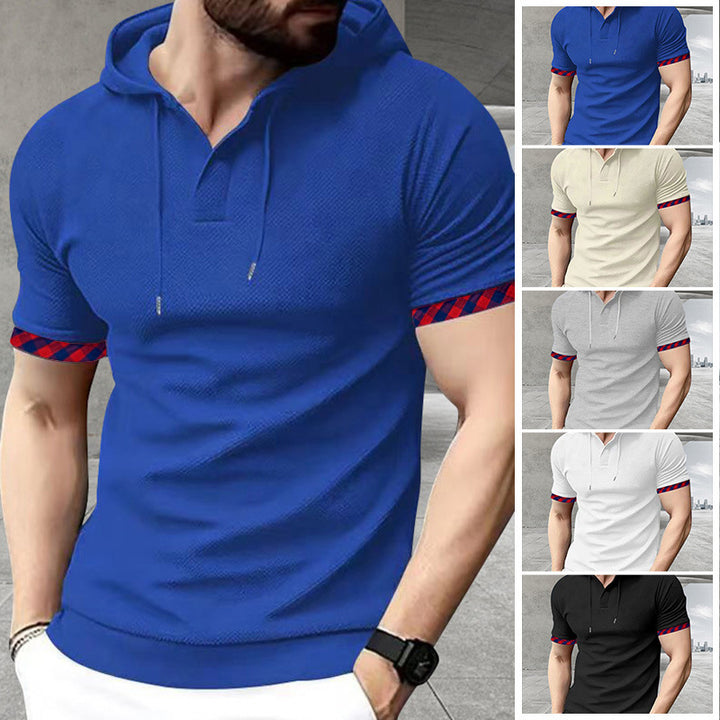 Men's slim fit short sleeve hooded shirt in polo style with Henley neckline and checkered sleeve cuff Mune Fashion
