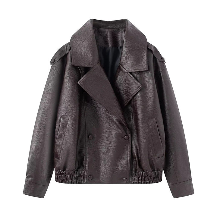 Women's short oversized faux leather blouson with shawl collar, snap button double row and elastic hem Mune Fashion