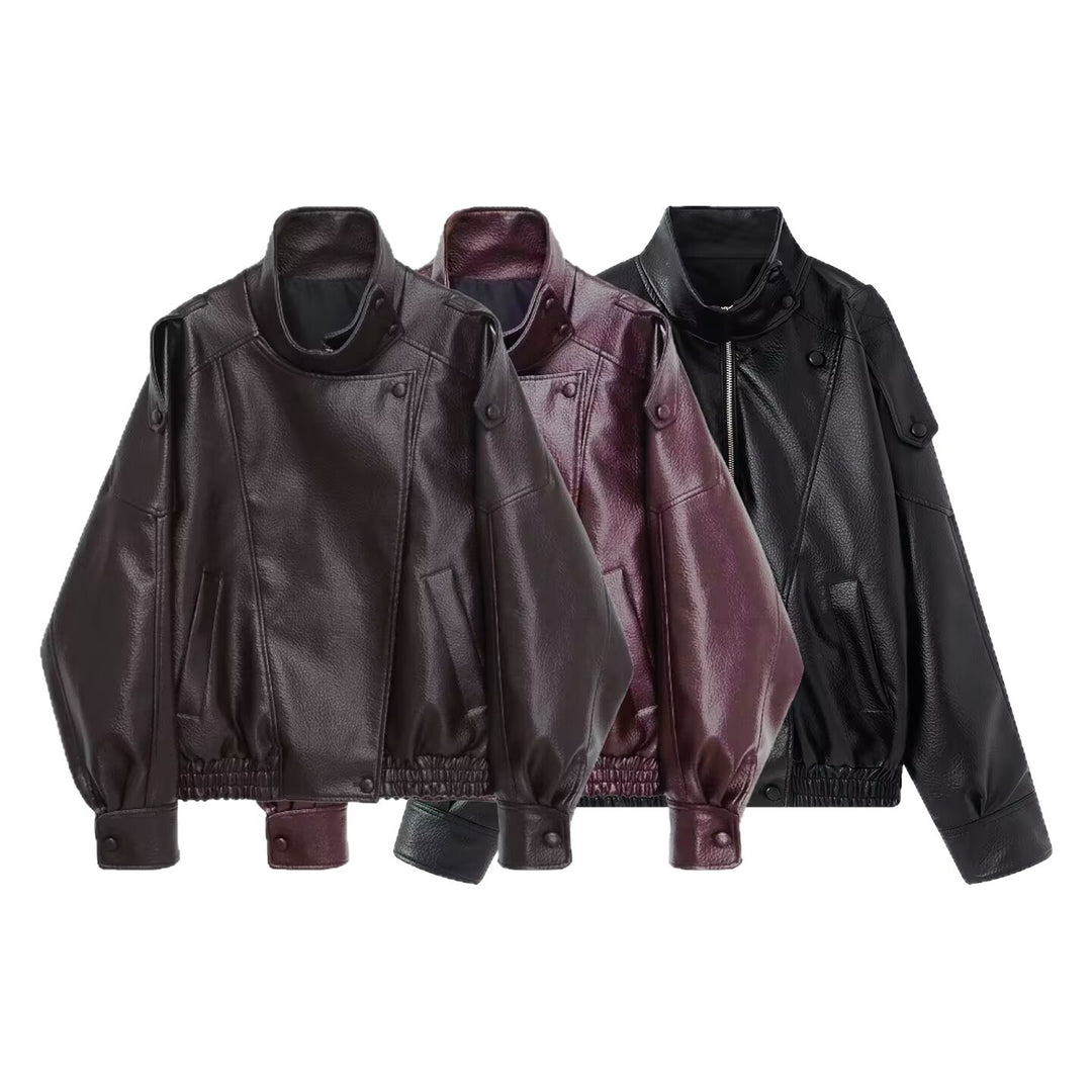 Women Oversized Faux Leather Biker Jacket with Asymmetric Lapel, Stand Collar, and Waist Drawstring Mune Fashion