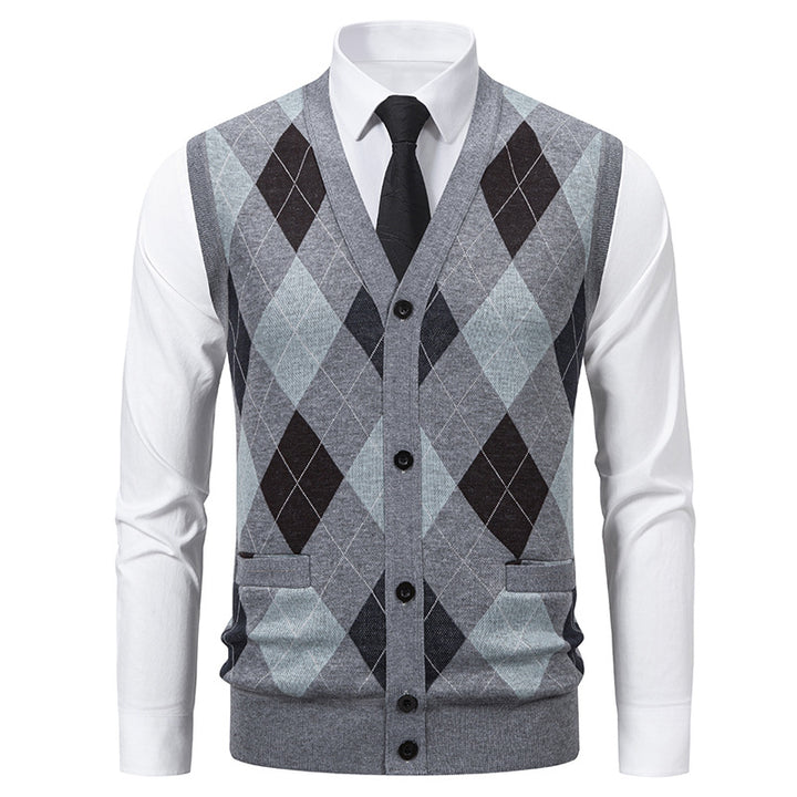 Men's fine-knit vest with V-neck, button placket and diamond pattern Mune Fashion