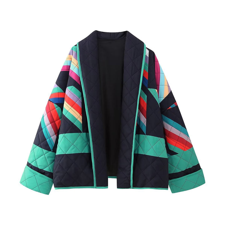 Women's Padded Kimono Jacket with Geometric Color Block Print and Open Front Mune Fashion