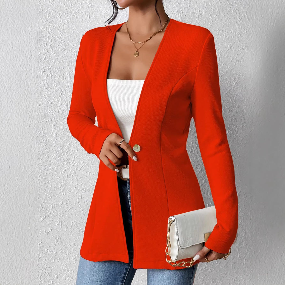 Women's Tailored Collarless Long Blazer with Single Button Closure Mune Fashion