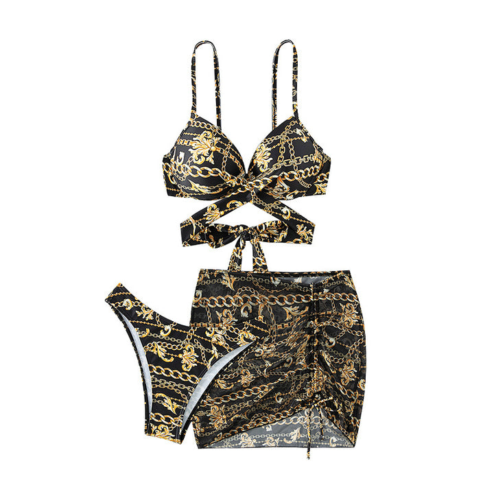 Women’s bikini with unconventional chain pattern and integrated skirt Mune Fashion