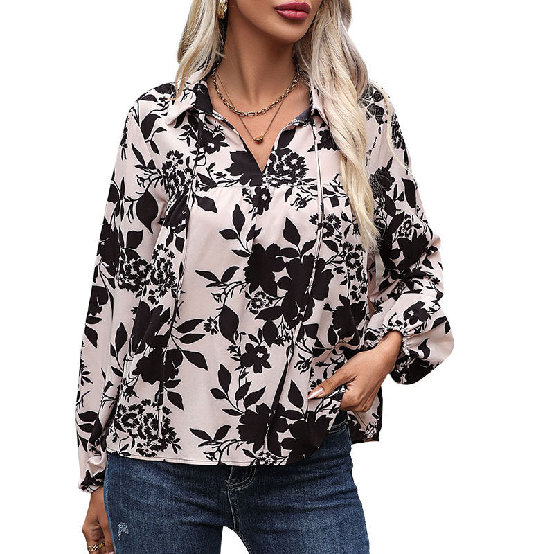 Women's Lightweight Viscose Fashion Blouse with Ties, Gathering, and Balloon Sleeves Mune Fashion