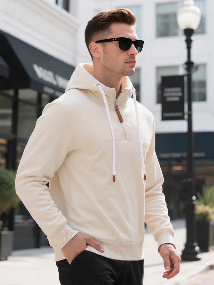 Men's Half-Zip Hooded Sweatshirt with Stand-Up Collar, Drawstring and Leather Details Mune Fashion