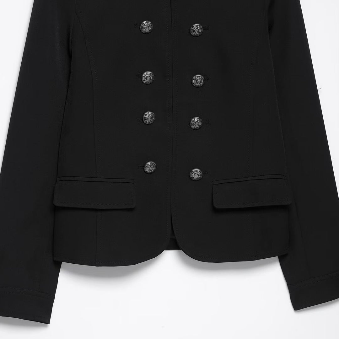 Women Double-Breasted Military Jacket with Stand-Up Collar Mune Fashion